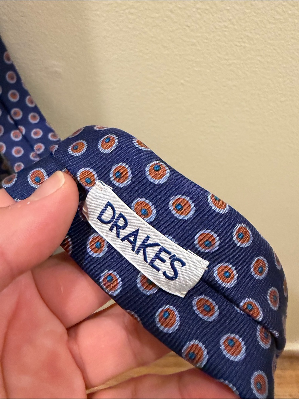 Drakes Navy Blue Silk Tie with orange and Light Blue Medallions